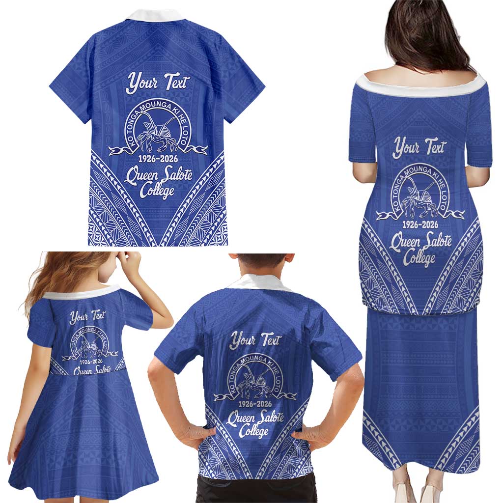 Queen Salote College 100 Years Personalized Family Matching Puletasi and Hawaiian Shirt Tonga QSC Heilala Lei Blue Ngatu Pattern LT14 - Polynesian Pride