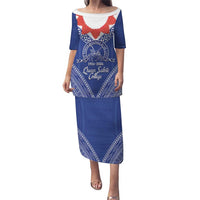 Queen Salote College 100 Years Personalized Family Matching Puletasi and Hawaiian Shirt Tonga QSC Heilala Lei Blue Ngatu Pattern LT14 Mom's Dress Blue - Polynesian Pride