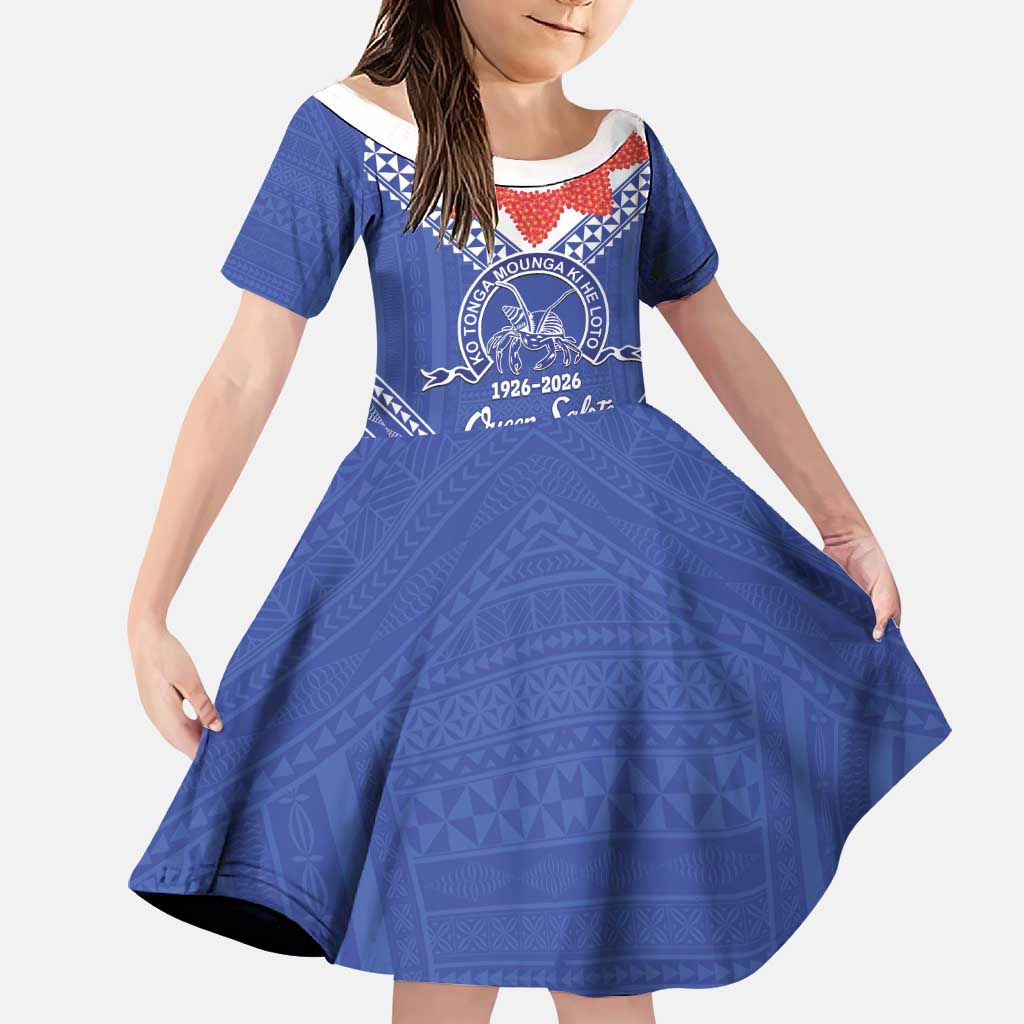 Queen Salote College 100 Years Personalized Family Matching Short Sleeve Bodycon Dress and Hawaiian Shirt Tonga QSC Heilala Lei Blue Ngatu Pattern LT14 Daughter's Dress Blue - Polynesian Pride