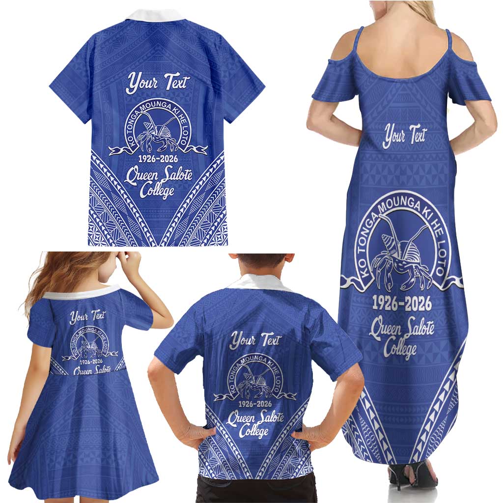 Queen Salote College 100 Years Personalized Family Matching Summer Maxi Dress and Hawaiian Shirt Tonga QSC Heilala Lei Blue Ngatu Pattern LT14 - Polynesian Pride