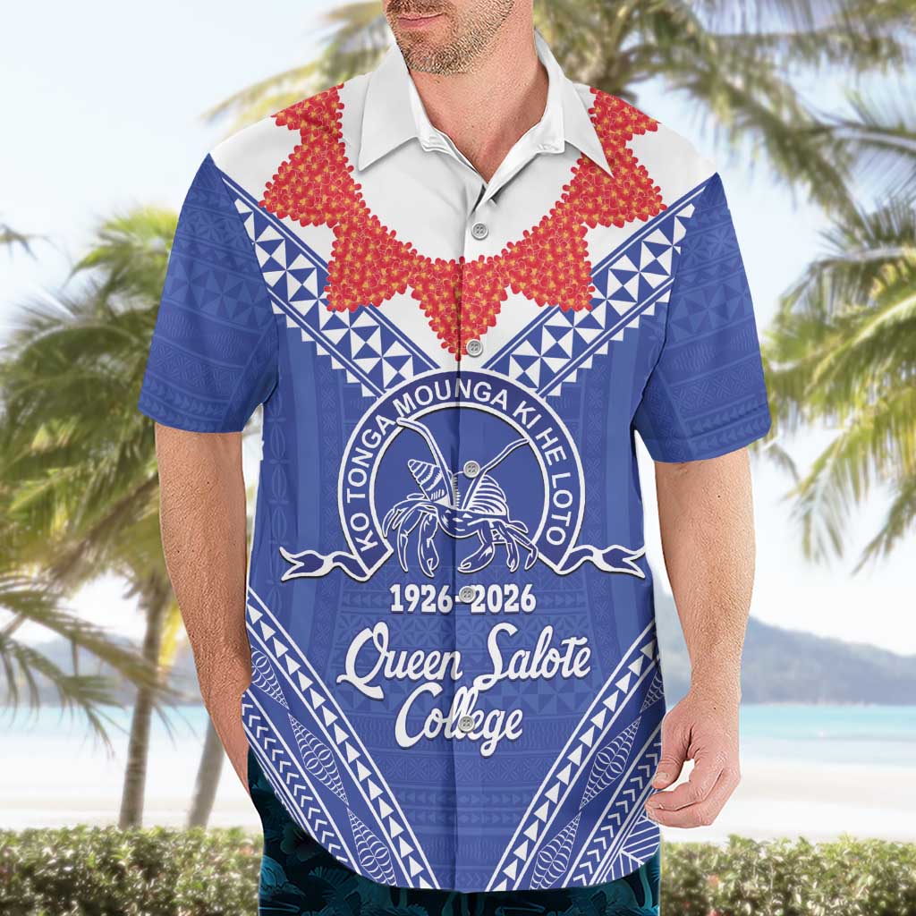 Queen Salote College 100 Years Personalized Hawaiian Shirt Tonga QSC Heilala Lei Blue Ngatu Pattern