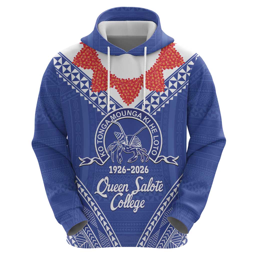 Queen Salote College 100 Years Personalized Hoodie Tonga QSC Heilala Lei Blue Ngatu Pattern