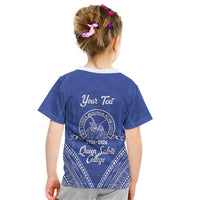 Queen Salote College 100 Years Personalized Kid T Shirt Tonga QSC Heilala Lei Blue Ngatu Pattern