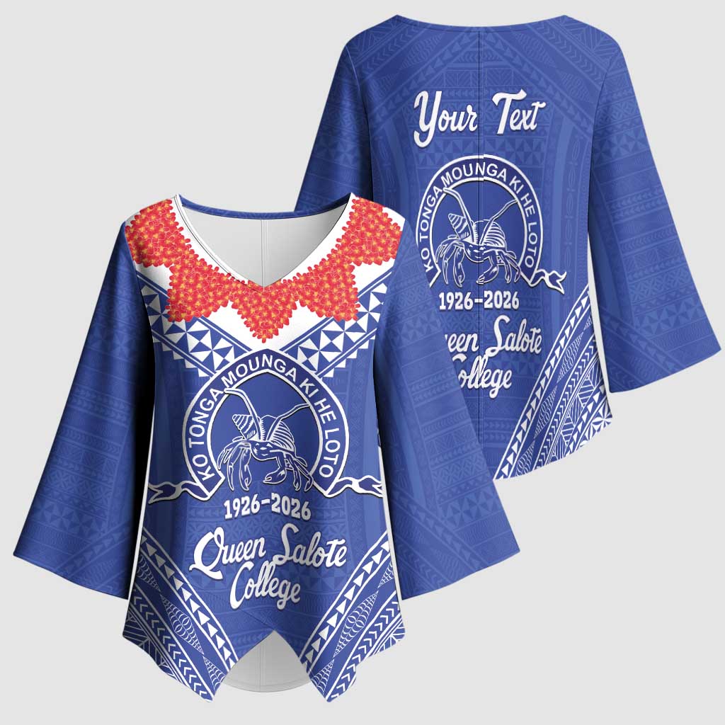 Queen Salote College 100 Years Personalized Kimono Sleeve Blouse Tonga QSC Heilala Lei Blue Ngatu Pattern