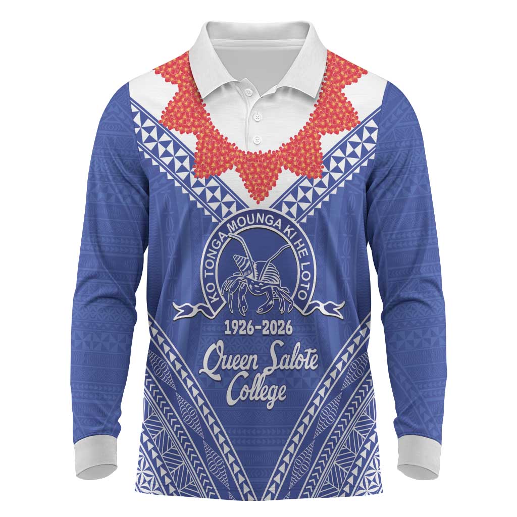 Queen Salote College 100 Years Personalized Long Sleeve Polo Shirt Tonga QSC Heilala Lei Blue Ngatu Pattern LT14 Blue - Polynesian Pride