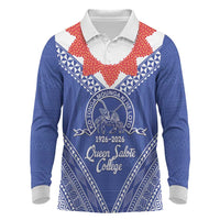 Queen Salote College 100 Years Personalized Long Sleeve Polo Shirt Tonga QSC Heilala Lei Blue Ngatu Pattern LT14 Blue - Polynesian Pride
