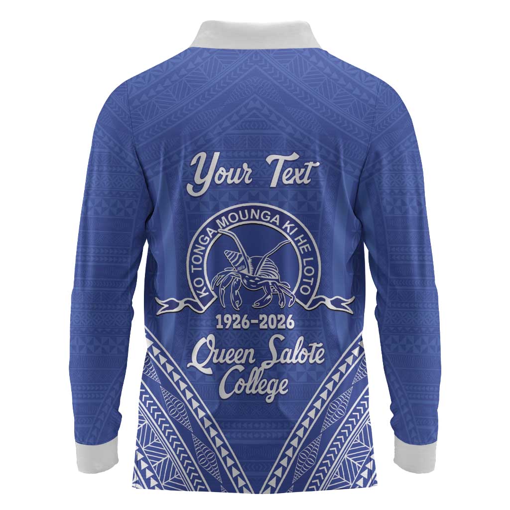 Queen Salote College 100 Years Personalized Long Sleeve Polo Shirt Tonga QSC Heilala Lei Blue Ngatu Pattern LT14 - Polynesian Pride