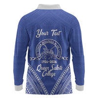 Queen Salote College 100 Years Personalized Long Sleeve Polo Shirt Tonga QSC Heilala Lei Blue Ngatu Pattern LT14 - Polynesian Pride