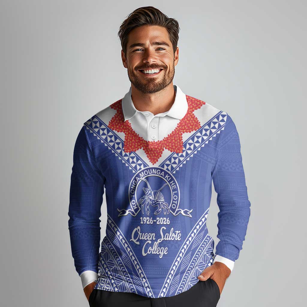 Queen Salote College 100 Years Personalized Long Sleeve Polo Shirt Tonga QSC Heilala Lei Blue Ngatu Pattern LT14 - Polynesian Pride