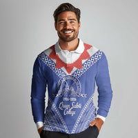 Queen Salote College 100 Years Personalized Long Sleeve Polo Shirt Tonga QSC Heilala Lei Blue Ngatu Pattern LT14 - Polynesian Pride