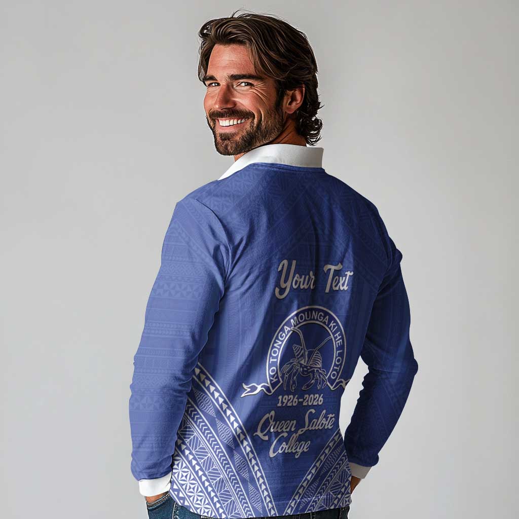 Queen Salote College 100 Years Personalized Long Sleeve Polo Shirt Tonga QSC Heilala Lei Blue Ngatu Pattern LT14 - Polynesian Pride