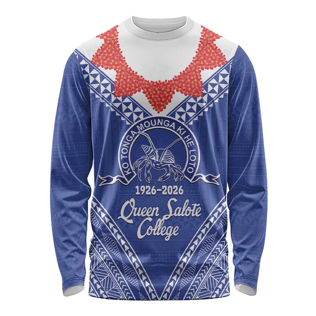 Queen Salote College 100 Years Personalized Long Sleeve Shirt Tonga QSC Heilala Lei Blue Ngatu Pattern