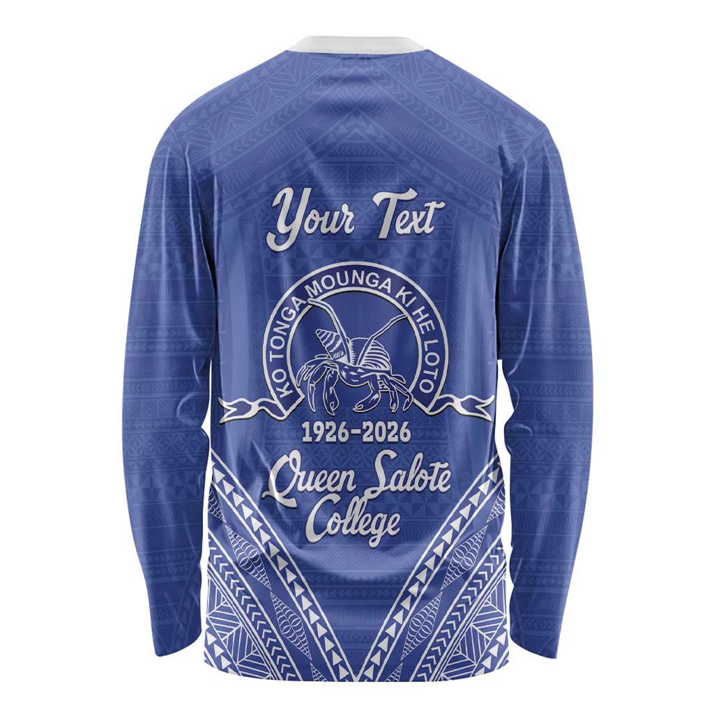 Queen Salote College 100 Years Personalized Long Sleeve Shirt Tonga QSC Heilala Lei Blue Ngatu Pattern