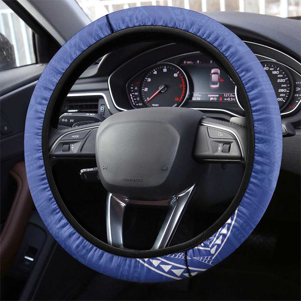 Queen Salote College 100 Years Steering Wheel Cover Tonga QSC Heilala Lei Blue Ngatu Pattern
