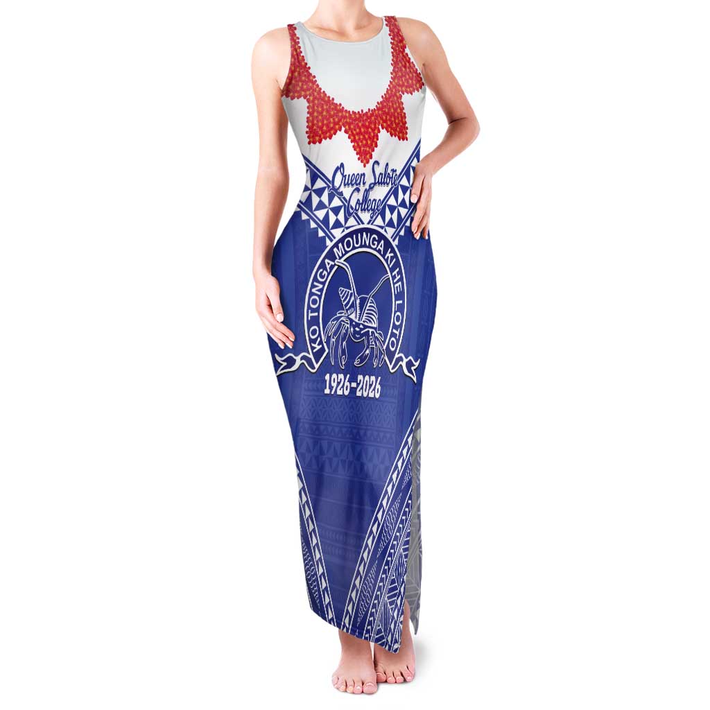 Queen Salote College 100 Years Personalized Tank Maxi Dress Tonga QSC Heilala Lei Blue Ngatu Pattern LT14 Women Blue - Polynesian Pride