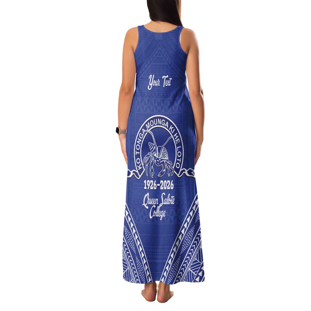 Queen Salote College 100 Years Personalized Tank Maxi Dress Tonga QSC Heilala Lei Blue Ngatu Pattern LT14 - Polynesian Pride