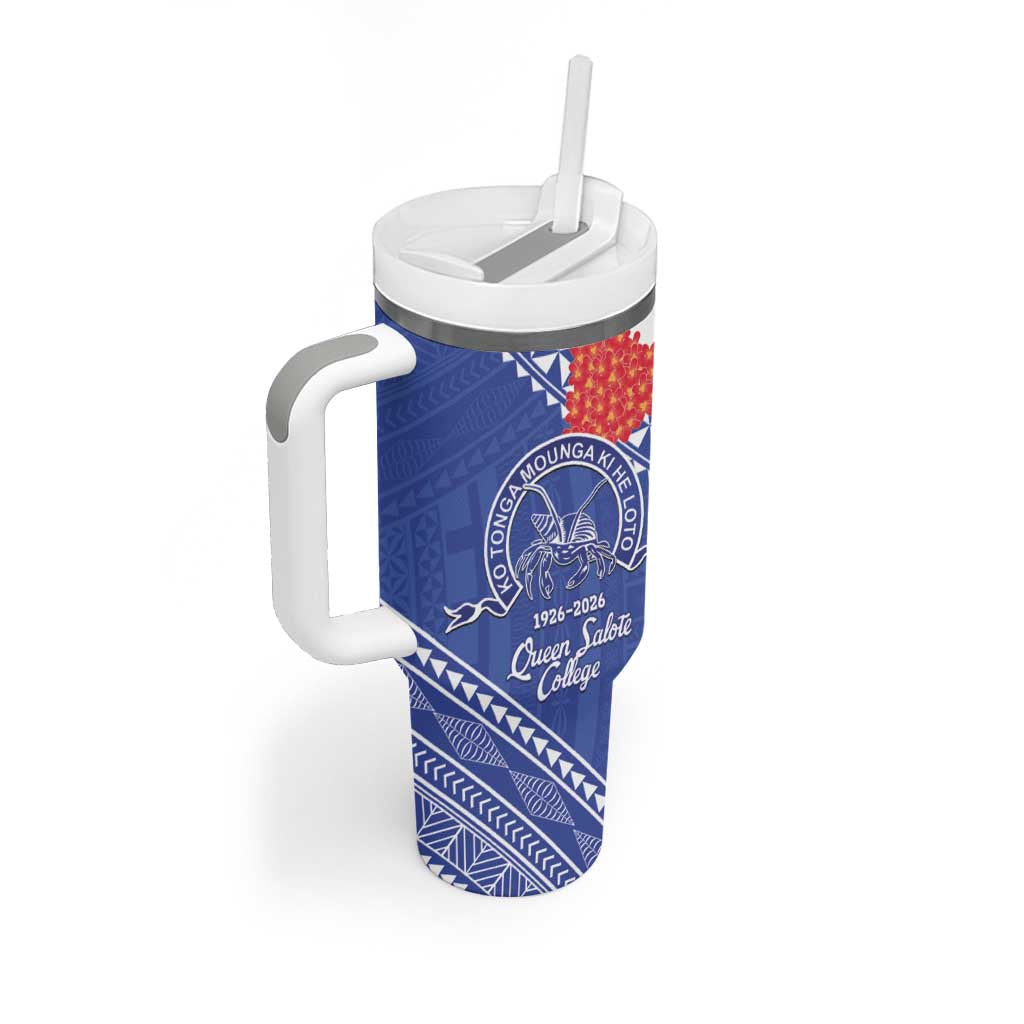 Queen Salote College 100 Years Personalized Tumbler With Handle Tonga QSC Heilala Lei Blue Ngatu Pattern