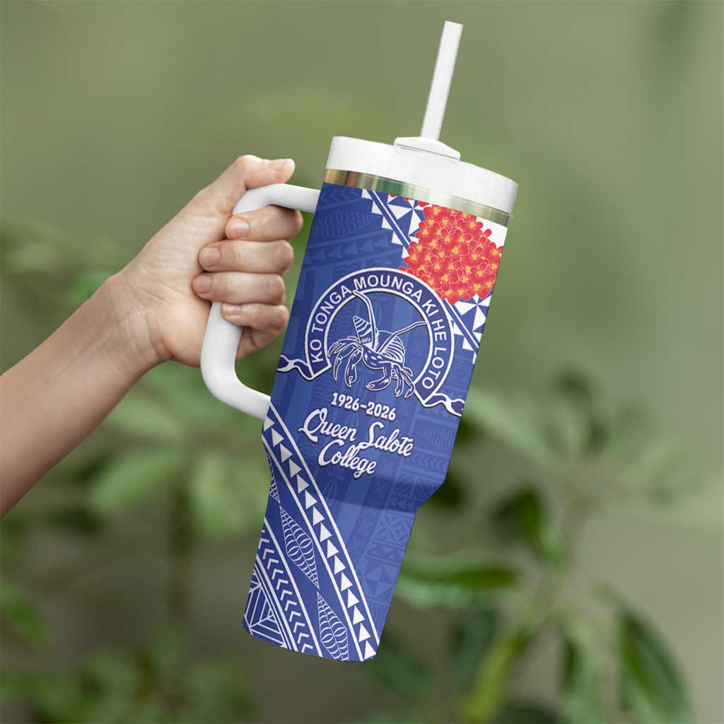 Queen Salote College 100 Years Personalized Tumbler With Handle Tonga QSC Heilala Lei Blue Ngatu Pattern