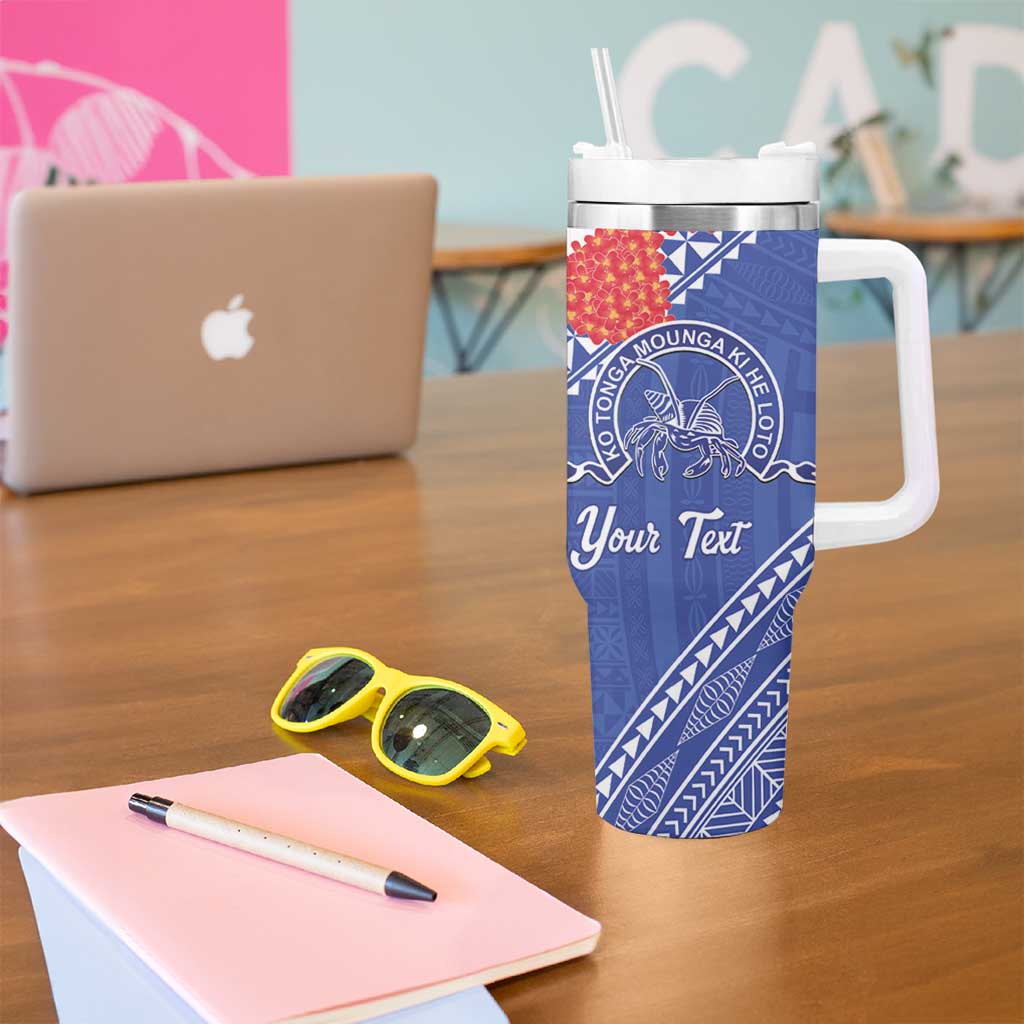 Queen Salote College 100 Years Personalized Tumbler With Handle Tonga QSC Heilala Lei Blue Ngatu Pattern