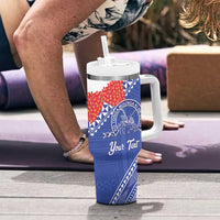Queen Salote College 100 Years Personalized Tumbler With Handle Tonga QSC Heilala Lei Blue Ngatu Pattern
