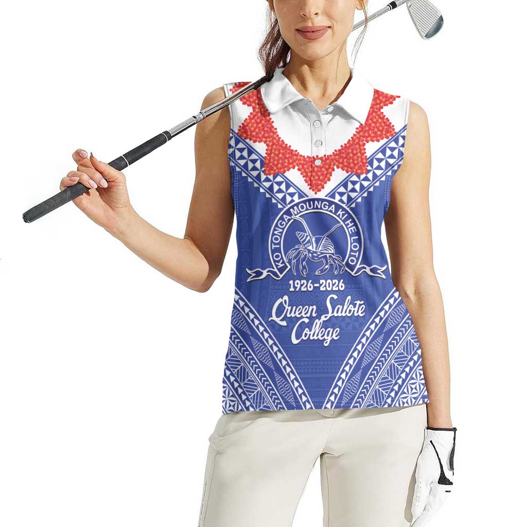 Queen Salote College 100 Years Personalized Women Sleeveless Polo Shirt Tonga QSC Heilala Lei Blue Ngatu Pattern