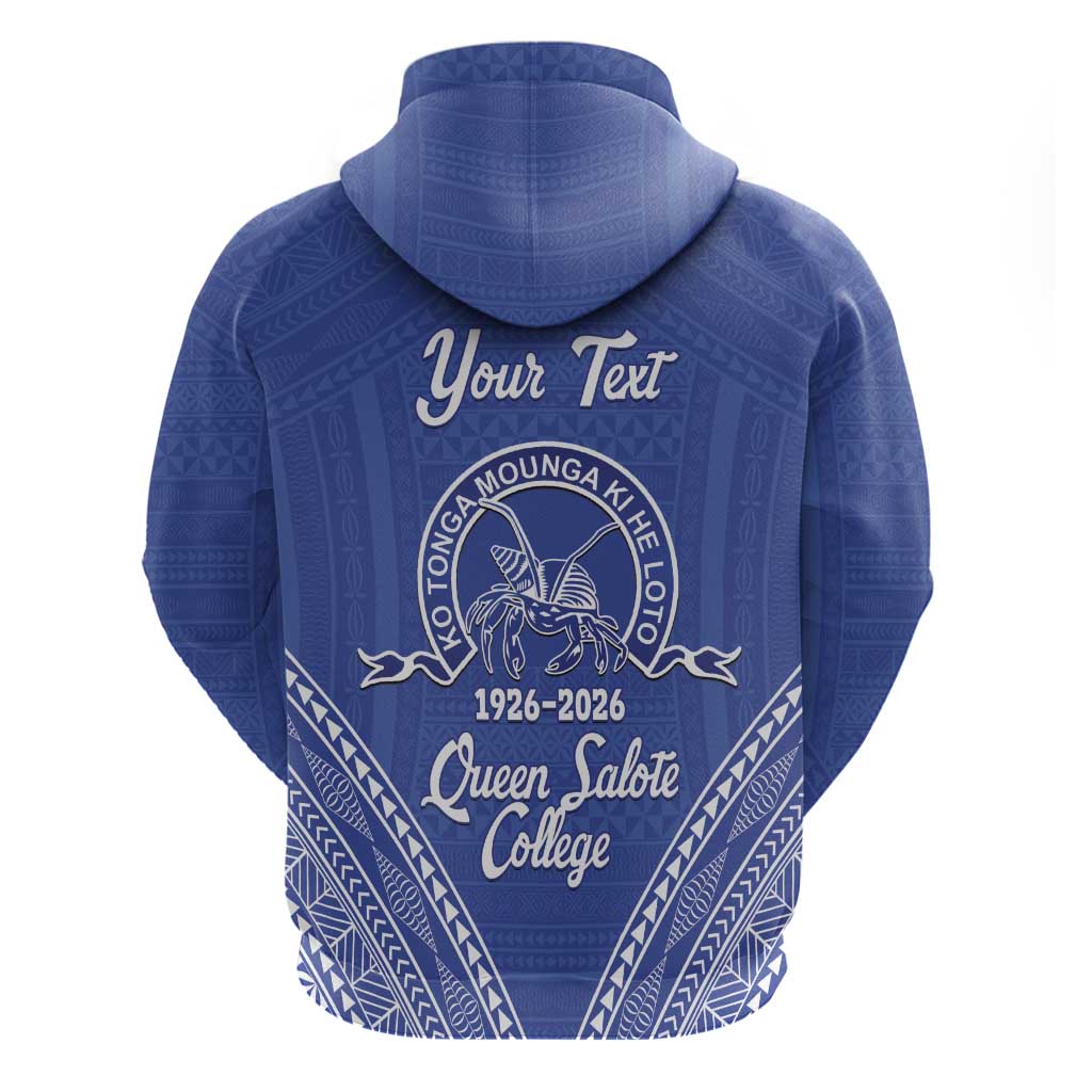 Queen Salote College 100 Years Personalized Zip Hoodie Tonga QSC Heilala Lei Blue Ngatu Pattern LT14 - Polynesian Pride