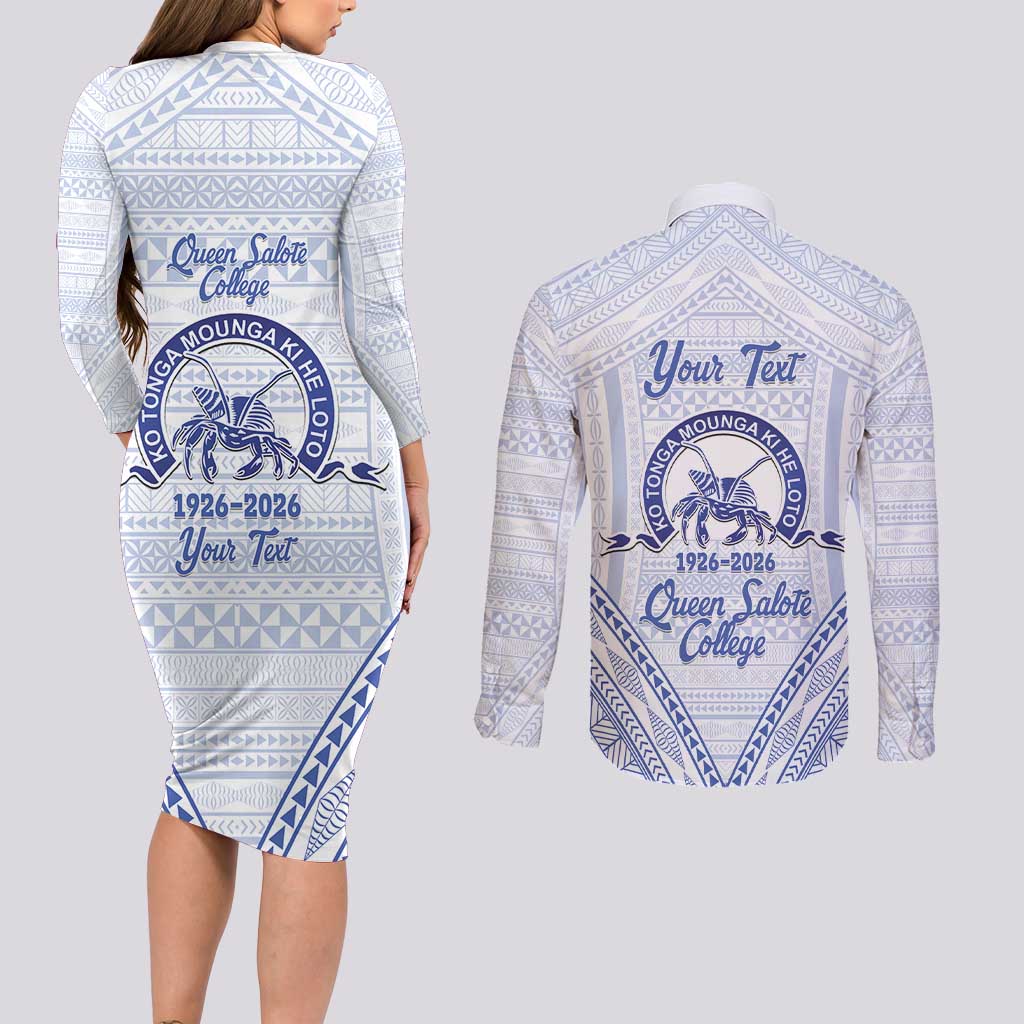 Queen Salote College 100 Years Personalized Couples Matching Long Sleeve Bodycon Dress and Long Sleeve Button Shirt Tonga QSC Heilala Lei White Ngatu Pattern LT14 - Polynesian Pride