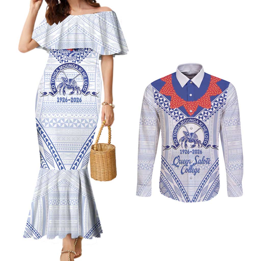 Queen Salote College 100 Years Personalized Couples Matching Mermaid Dress and Long Sleeve Button Shirt Tonga QSC Heilala Lei White Ngatu Pattern LT14 White - Polynesian Pride
