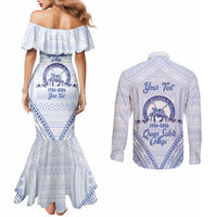 Queen Salote College 100 Years Personalized Couples Matching Mermaid Dress and Long Sleeve Button Shirt Tonga QSC Heilala Lei White Ngatu Pattern LT14 - Polynesian Pride