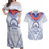 Queen Salote College 100 Years Personalized Couples Matching Off Shoulder Maxi Dress and Hawaiian Shirt Tonga QSC Heilala Lei White Ngatu Pattern LT14 White - Polynesian Pride