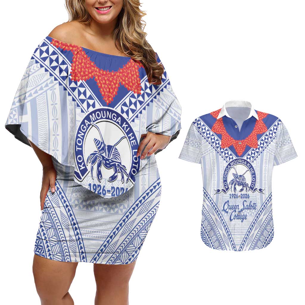 Queen Salote College 100 Years Personalized Couples Matching Off Shoulder Short Dress and Hawaiian Shirt Tonga QSC Heilala Lei White Ngatu Pattern LT14 White - Polynesian Pride