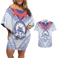Queen Salote College 100 Years Personalized Couples Matching Off Shoulder Short Dress and Hawaiian Shirt Tonga QSC Heilala Lei White Ngatu Pattern LT14 White - Polynesian Pride