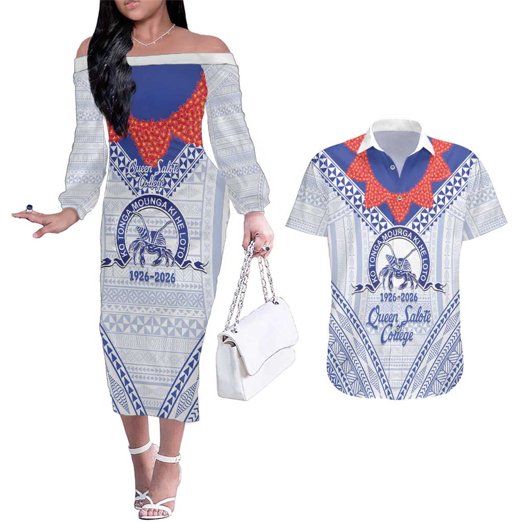 Queen Salote College 100 Years Personalized Couples Matching Off The Shoulder Long Sleeve Dress and Hawaiian Shirt Tonga QSC Heilala Lei White Ngatu Pattern LT14 White - Polynesian Pride