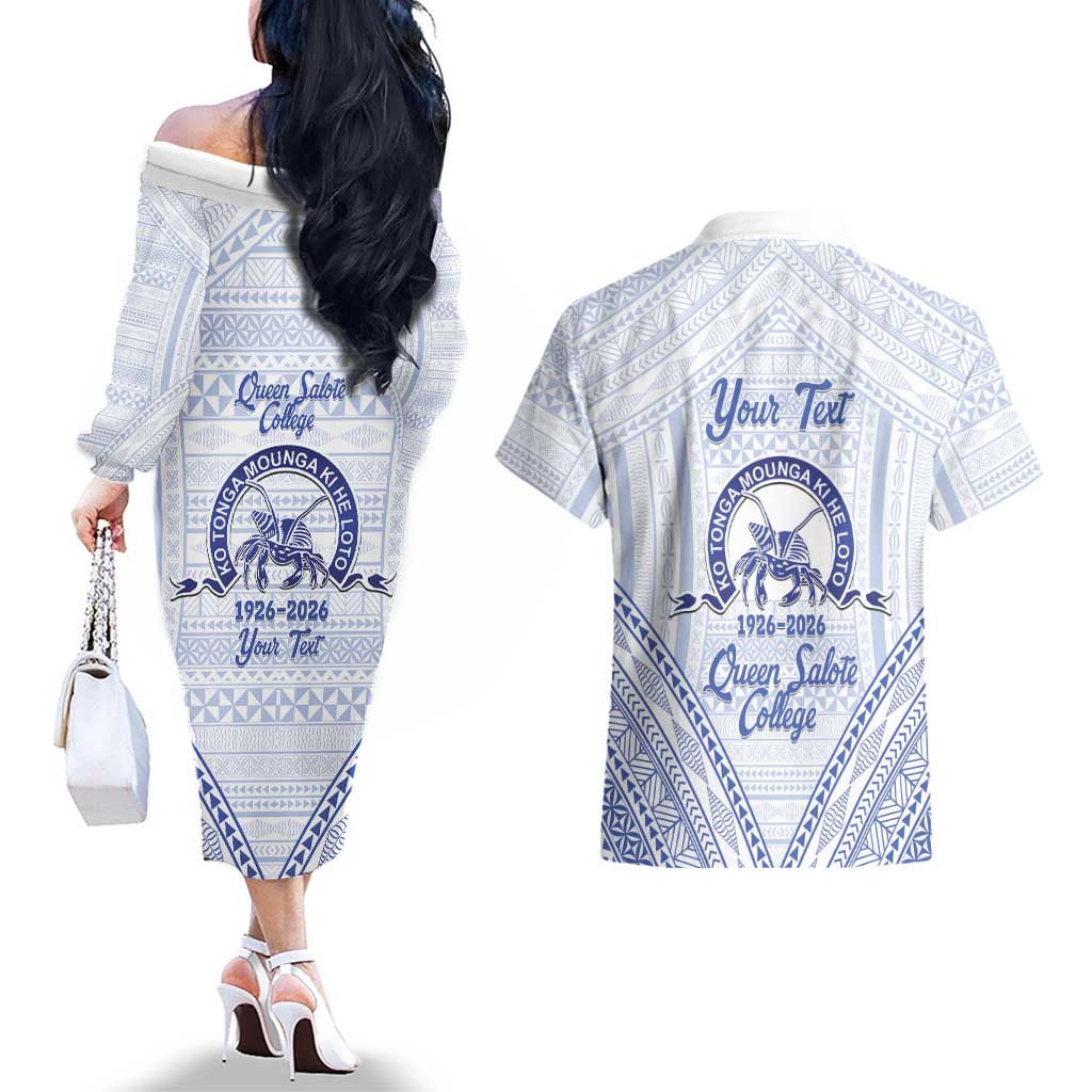 Queen Salote College 100 Years Personalized Couples Matching Off The Shoulder Long Sleeve Dress and Hawaiian Shirt Tonga QSC Heilala Lei White Ngatu Pattern LT14 - Polynesian Pride