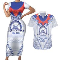 Queen Salote College 100 Years Personalized Couples Matching Short Sleeve Bodycon Dress and Hawaiian Shirt Tonga QSC Heilala Lei White Ngatu Pattern LT14 White - Polynesian Pride