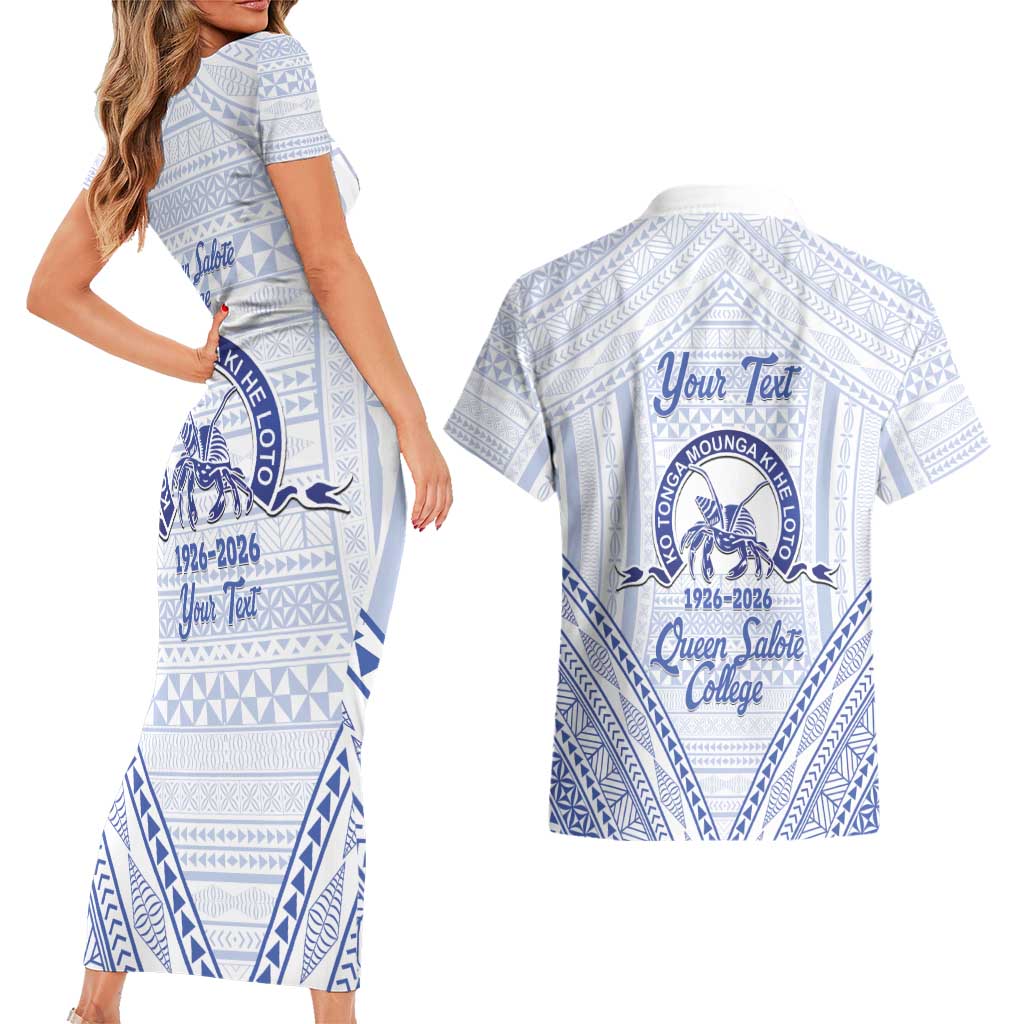 Queen Salote College 100 Years Personalized Couples Matching Short Sleeve Bodycon Dress and Hawaiian Shirt Tonga QSC Heilala Lei White Ngatu Pattern LT14 - Polynesian Pride