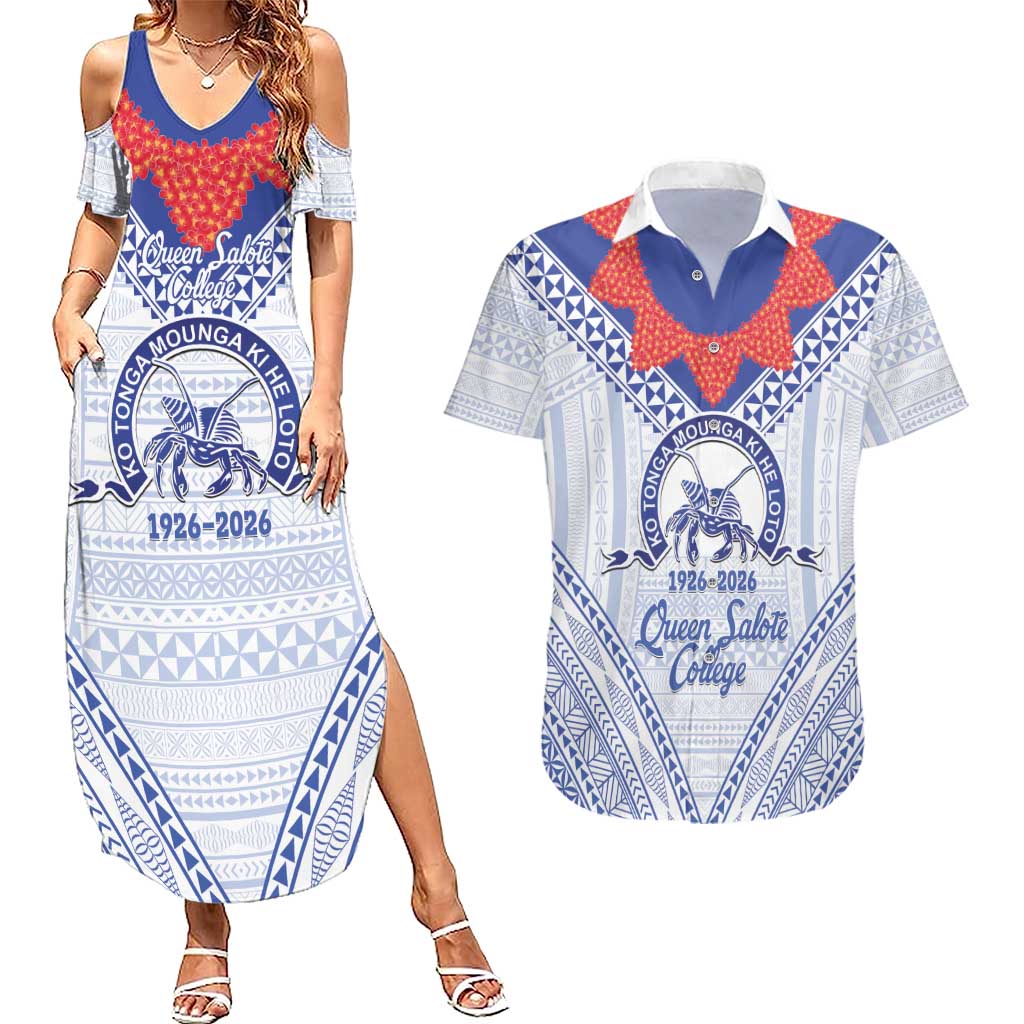 Queen Salote College 100 Years Personalized Couples Matching Summer Maxi Dress and Hawaiian Shirt Tonga QSC Heilala Lei White Ngatu Pattern LT14 White - Polynesian Pride