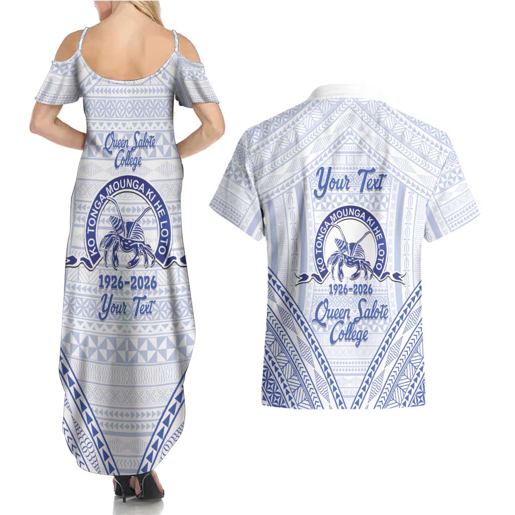 Queen Salote College 100 Years Personalized Couples Matching Summer Maxi Dress and Hawaiian Shirt Tonga QSC Heilala Lei White Ngatu Pattern LT14 - Polynesian Pride
