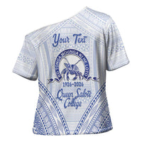 Queen Salote College 100 Years Personalized Cross Shoulder Shirt Tonga QSC Heilala Lei White Ngatu Pattern