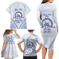 Queen Salote College 100 Years Personalized Family Matching Long Sleeve Bodycon Dress and Hawaiian Shirt Tonga QSC Heilala Lei White Ngatu Pattern LT14 - Polynesian Pride