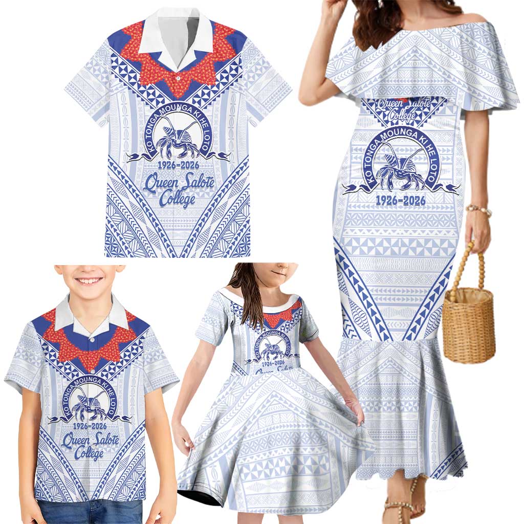 Queen Salote College 100 Years Personalized Family Matching Mermaid Dress and Hawaiian Shirt Tonga QSC Heilala Lei White Ngatu Pattern LT14 - Polynesian Pride