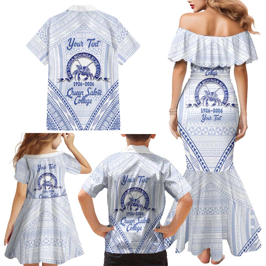 Queen Salote College 100 Years Personalized Family Matching Mermaid Dress and Hawaiian Shirt Tonga QSC Heilala Lei White Ngatu Pattern LT14 - Polynesian Pride