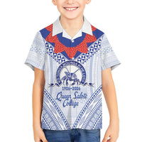 Queen Salote College 100 Years Personalized Family Matching Mermaid Dress and Hawaiian Shirt Tonga QSC Heilala Lei White Ngatu Pattern LT14 Son's Shirt White - Polynesian Pride