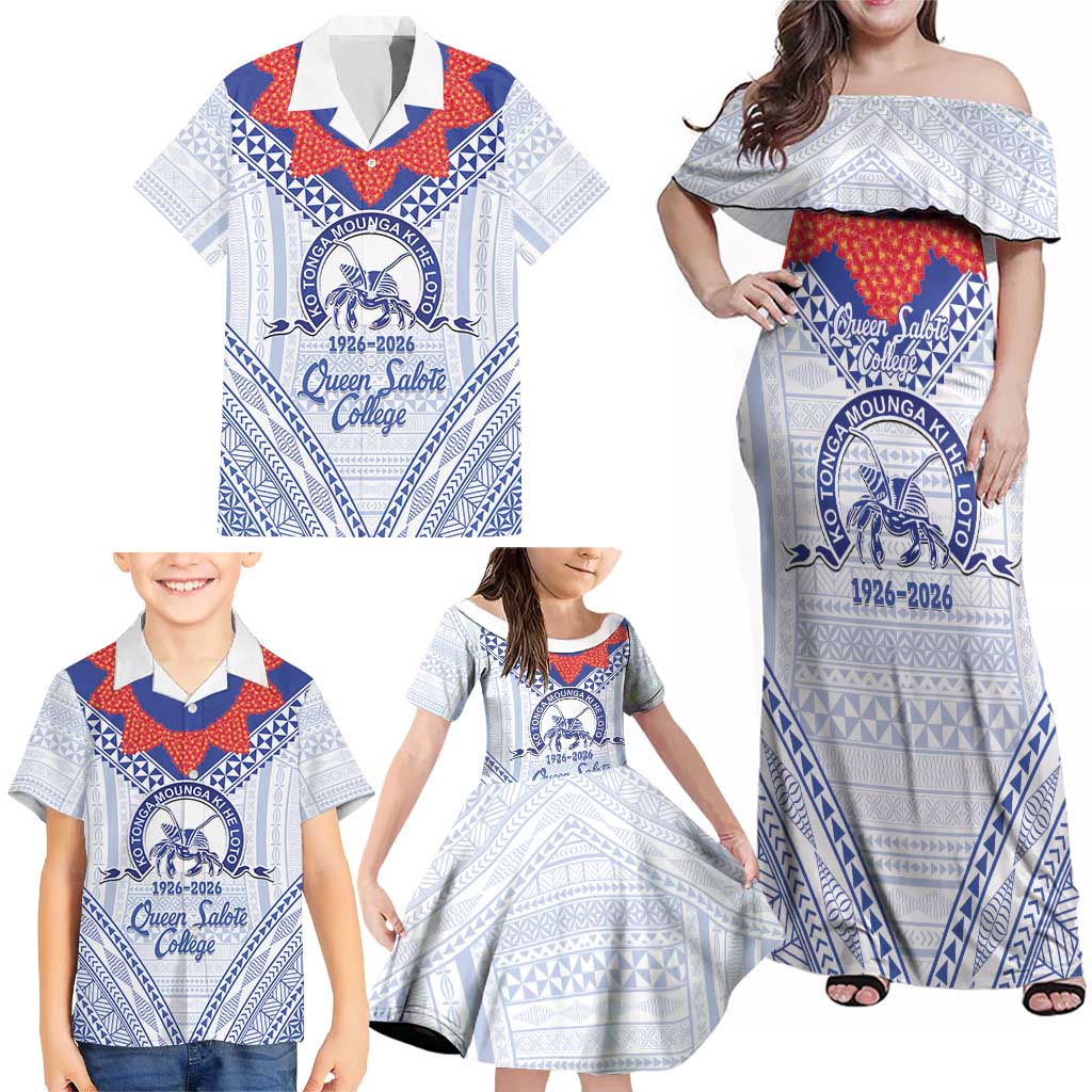 Queen Salote College 100 Years Personalized Family Matching Off Shoulder Maxi Dress and Hawaiian Shirt Tonga QSC Heilala Lei White Ngatu Pattern LT14 - Polynesian Pride