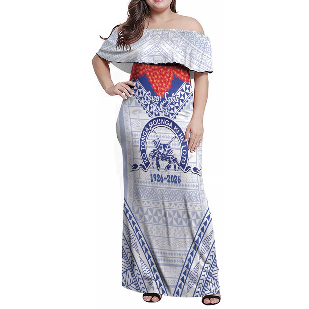 Queen Salote College 100 Years Personalized Family Matching Off Shoulder Maxi Dress and Hawaiian Shirt Tonga QSC Heilala Lei White Ngatu Pattern LT14 Mom's Dress White - Polynesian Pride