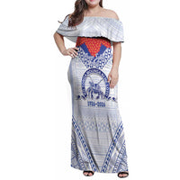 Queen Salote College 100 Years Personalized Family Matching Off Shoulder Maxi Dress and Hawaiian Shirt Tonga QSC Heilala Lei White Ngatu Pattern LT14 Mom's Dress White - Polynesian Pride