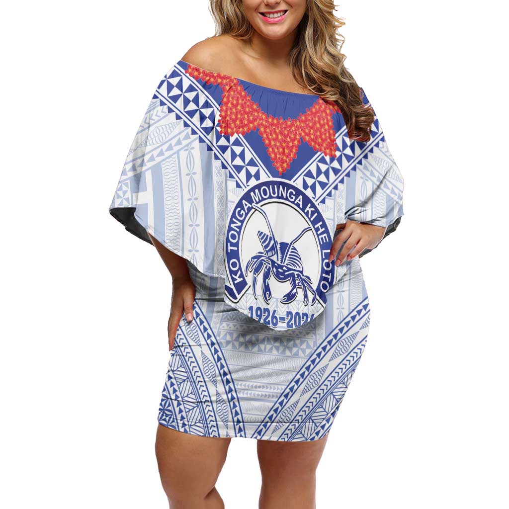 Queen Salote College 100 Years Personalized Family Matching Off Shoulder Short Dress and Hawaiian Shirt Tonga QSC Heilala Lei White Ngatu Pattern LT14 Mom's Dress White - Polynesian Pride