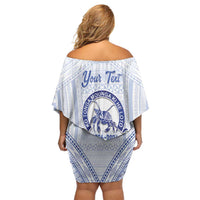 Queen Salote College 100 Years Personalized Family Matching Off Shoulder Short Dress and Hawaiian Shirt Tonga QSC Heilala Lei White Ngatu Pattern LT14 - Polynesian Pride