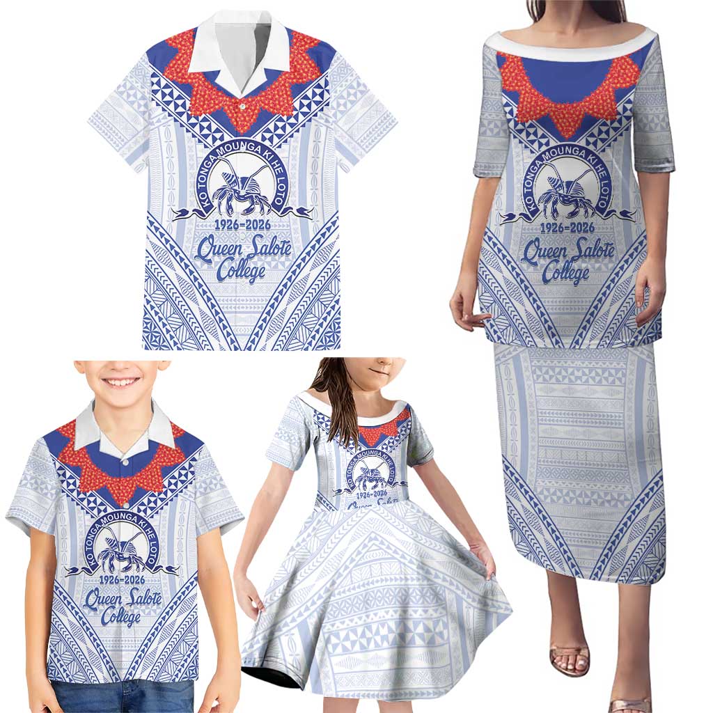 Queen Salote College 100 Years Personalized Family Matching Puletasi and Hawaiian Shirt Tonga QSC Heilala Lei White Ngatu Pattern LT14 - Polynesian Pride