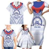 Queen Salote College 100 Years Personalized Family Matching Short Sleeve Bodycon Dress and Hawaiian Shirt Tonga QSC Heilala Lei White Ngatu Pattern LT14 - Polynesian Pride